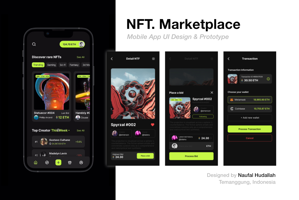 Hasil karya projek NFT Market Mobile App belajar design dan code di BuildWithAngga