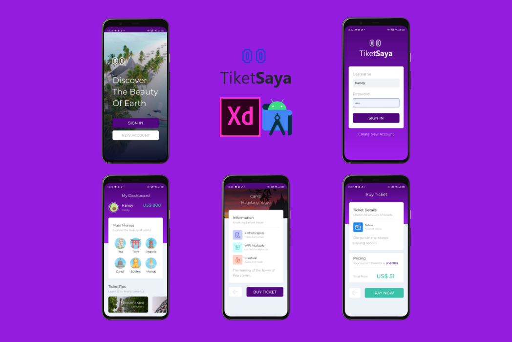 Hasil karya projek Aplikasi Android TiketSaya belajar design dan code di BuildWithAngga