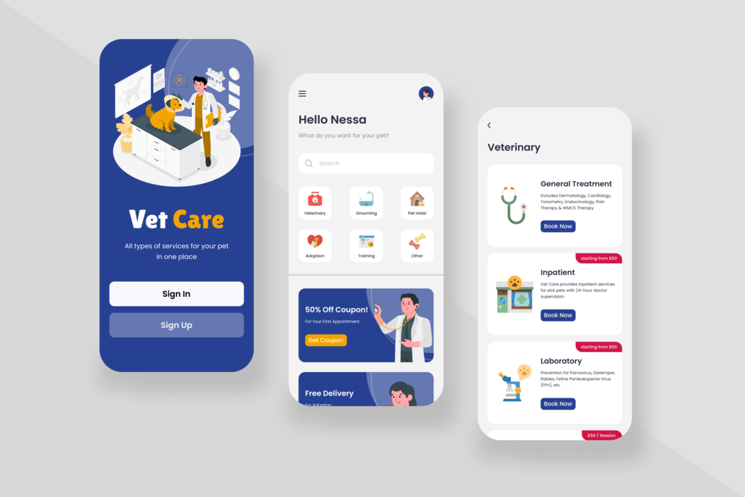 Hasil karya projek UI Design: Veterinary Mobile App belajar design dan code di BuildWithAngga