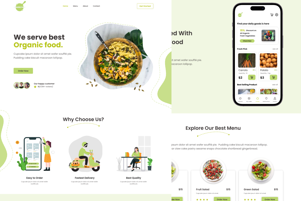 Hasil karya projek Organic Food belajar design dan code di BuildWithAngga