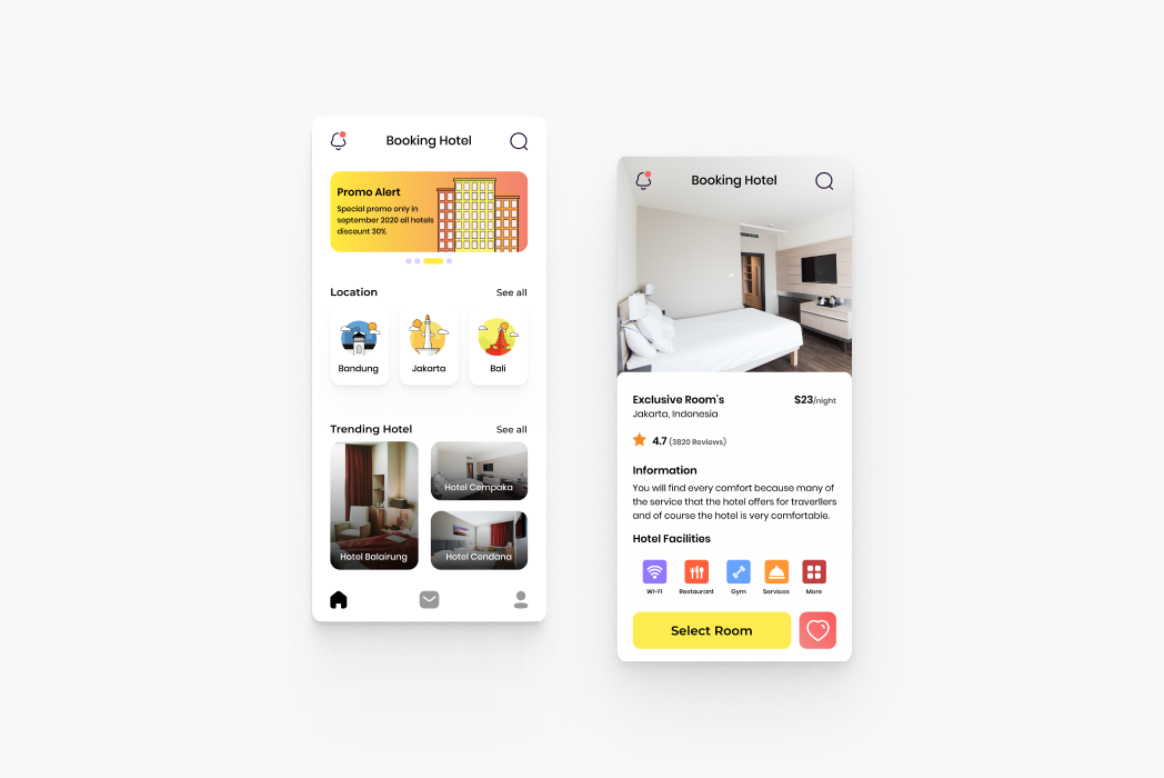 Hasil karya projek UI Design Booking Hotel belajar design dan code di BuildWithAngga
