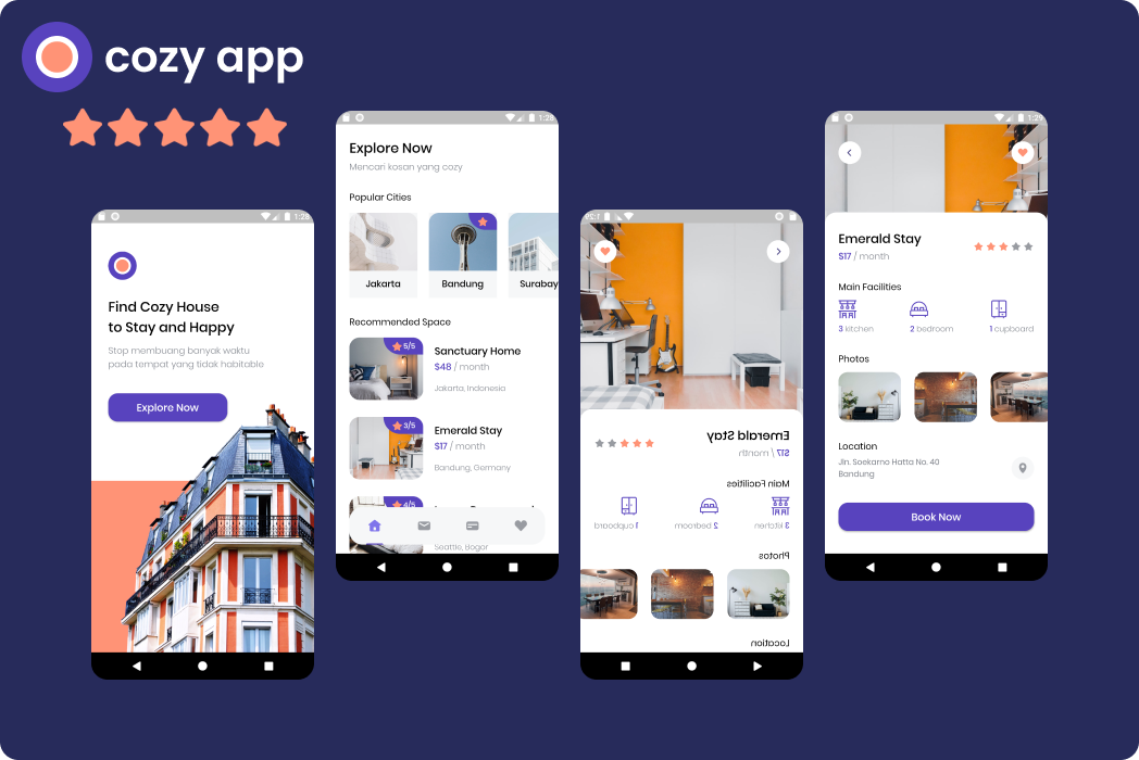Hasil karya projek Flutter Find House App belajar design dan code di BuildWithAngga