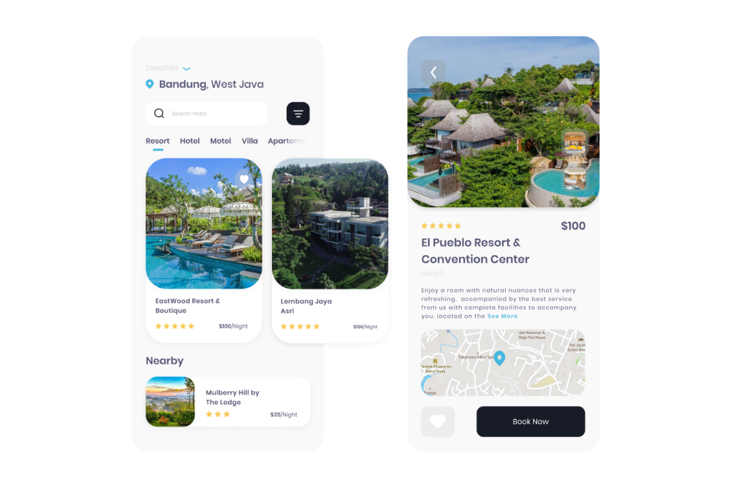 Hasil karya projek Hotel Booking UI Concept belajar design dan code di BuildWithAngga