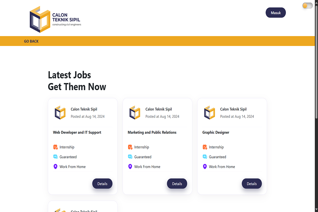 Hasil karya projek Pengembangan Fitur Job Portal di Calon Teknik Sipil belajar design dan code di BuildWithAngga