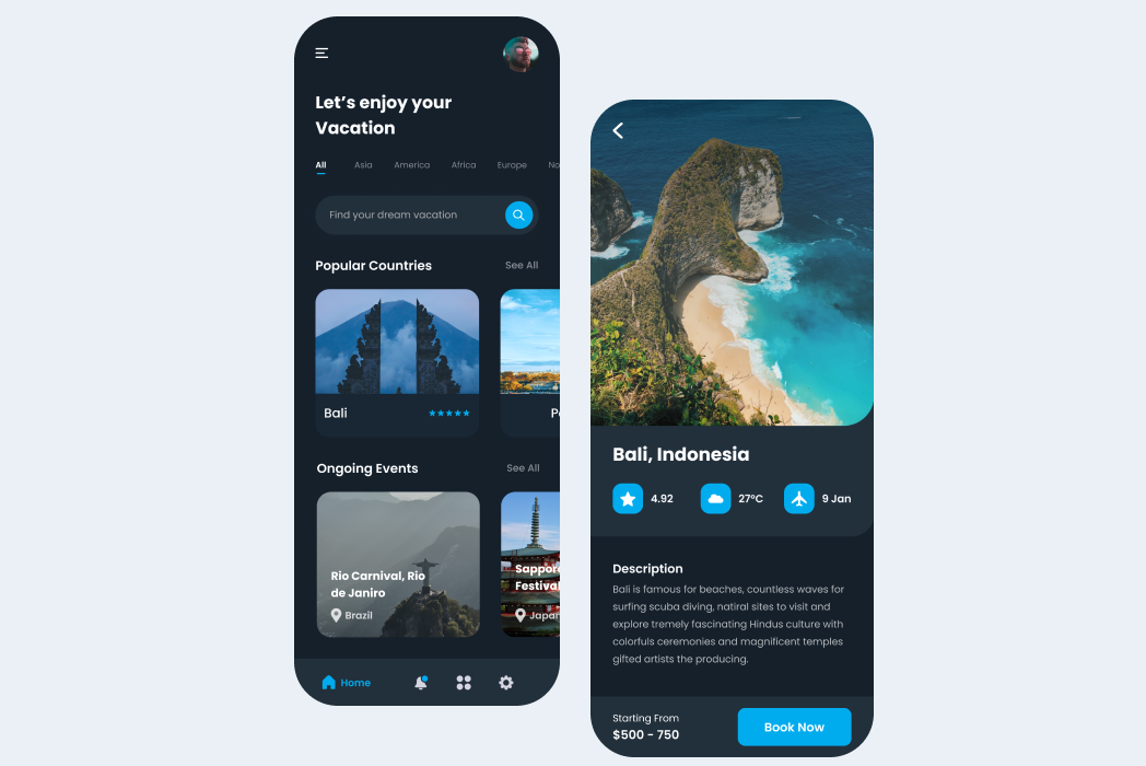 Hasil karya projek Travel App UI Concept belajar design dan code di BuildWithAngga