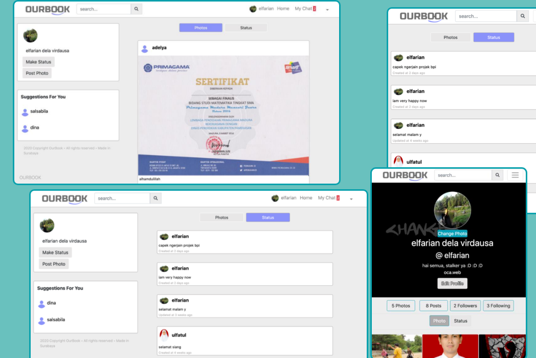 Hasil karya projek Ourbook (Aplikasi Media Social) belajar design dan code di BuildWithAngga