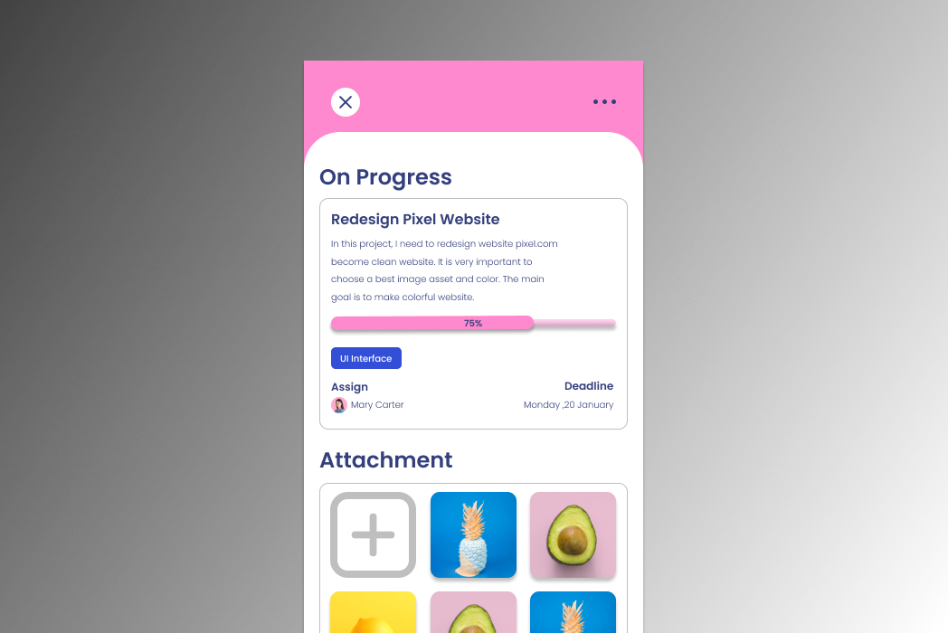 Hasil karya projek Task Project Mobile App belajar design dan code di BuildWithAngga