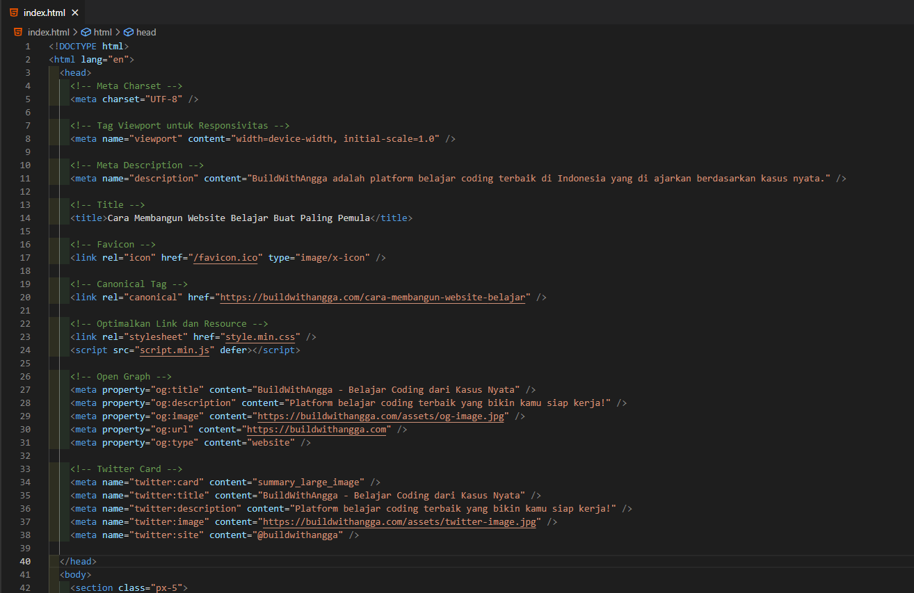 Kelas Tips Tag Head HTML SEO Friendly di BuildWithAngga