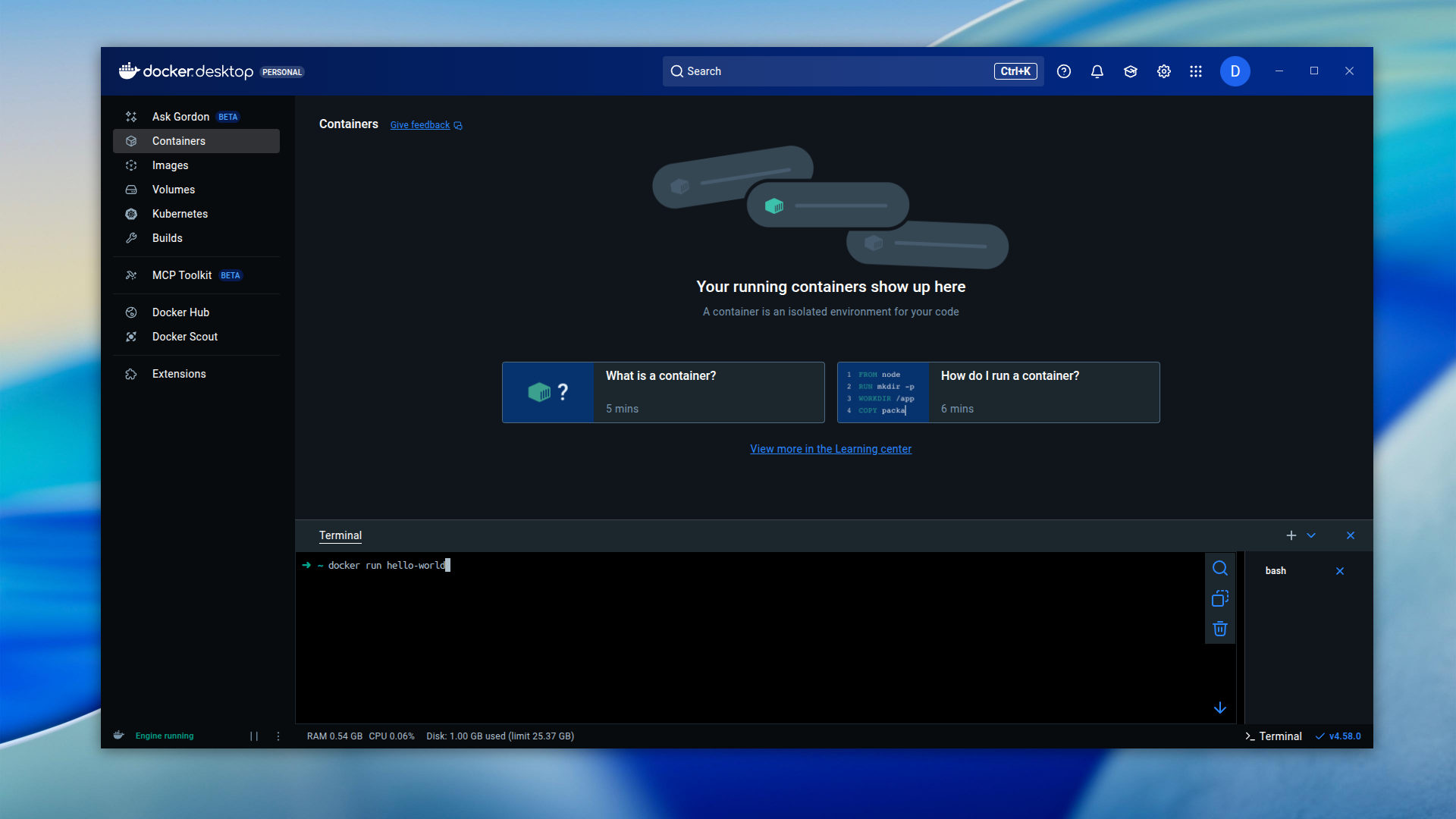 Picture docker dekstop terminal run hello world