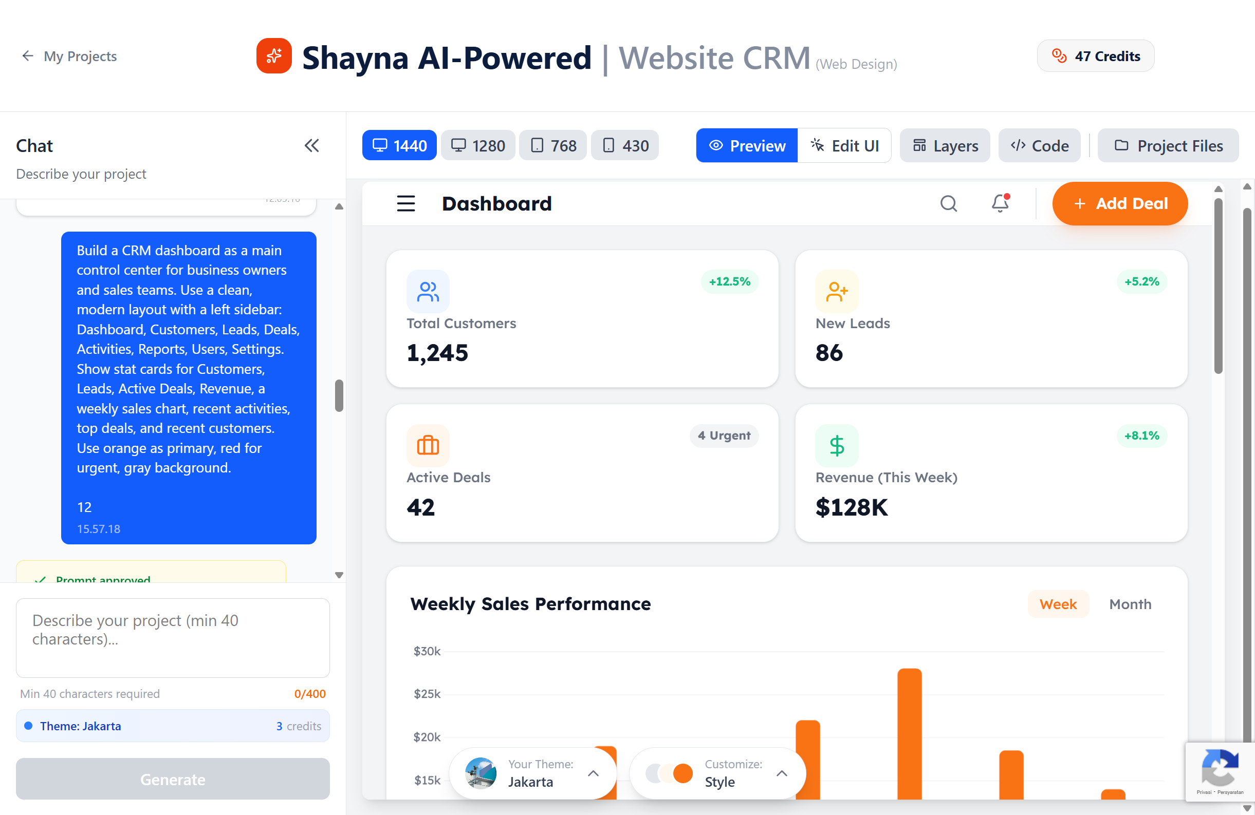 Buat promt untuk generate halaman dashboard