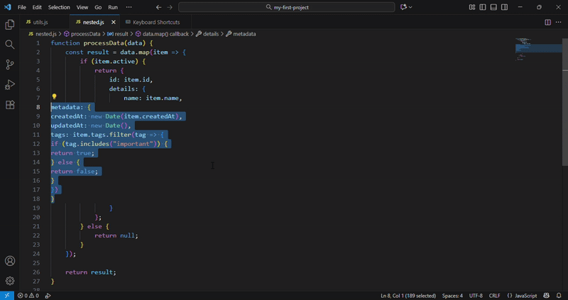 Ctrl+K Ctrl+F / Cmd+K Cmd+F - Format Selection