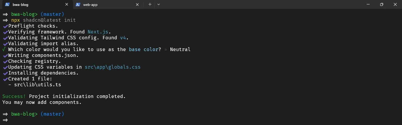 Terminal: Setup shadcn ui