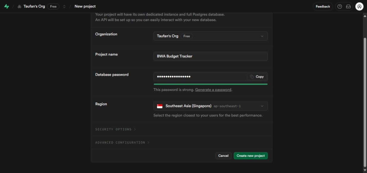 Buat Proyek Supabase
