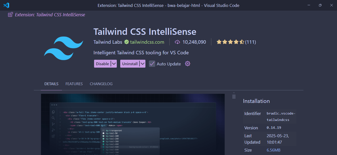 Tailwind CSS IntelliSense