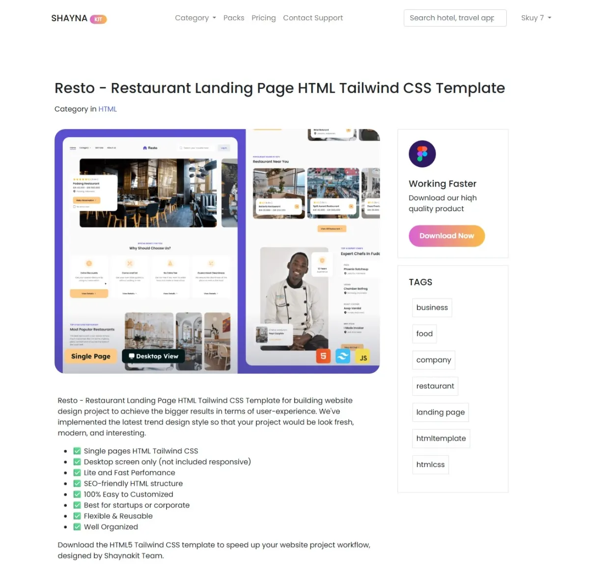 Download Resto - Restaurant Landing Page HTML Tailwind CSS Template Figma Template - Shaynakit