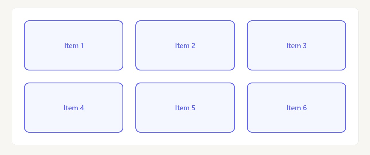 Hasil layout CSS Grid dengan 3 kolom dan 2 baris untuk penyusunan elemen yang rapi.